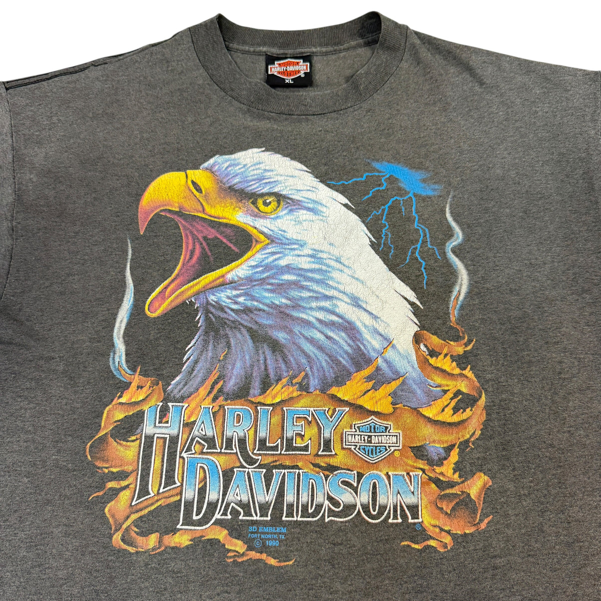 90's Harley-Davidson 3D Emblem 雷イーグル ダークグレー Tシャツ XL 首元からプリント全体が入る上半身寄り