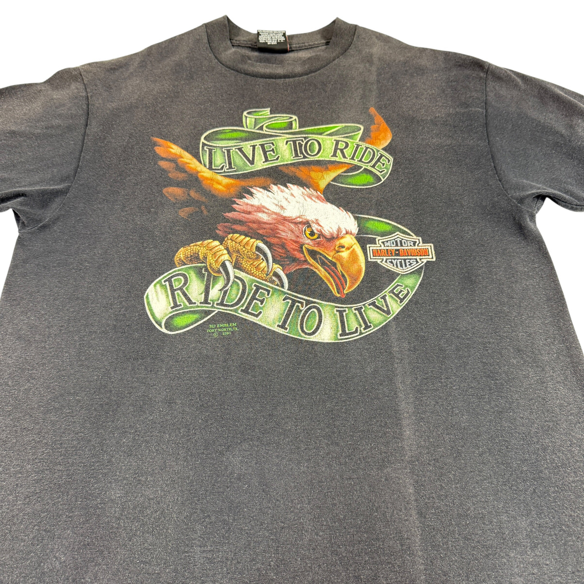 90's Harley-Davidson 3D Emblem LIVE TO RIDE / RIDE TO LIVE イーグル ブラック Tシャツ XL 前身頃のプリント引き