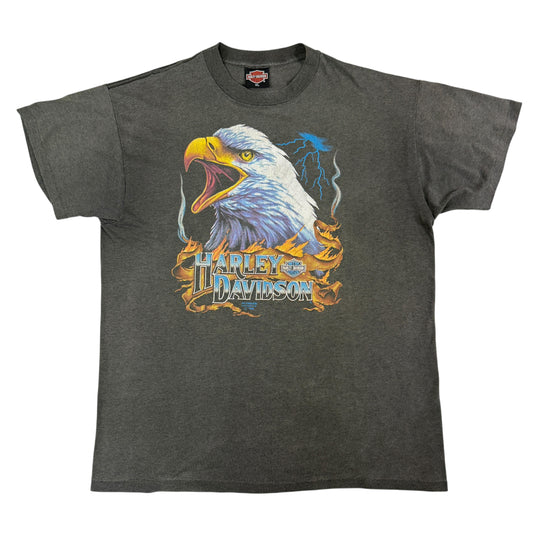 90's Harley-Davidson 3D Emblem 雷イーグル ダークグレー Tシャツ XL 正面全体