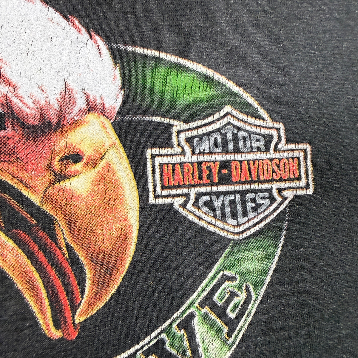 90's Harley-Davidson 3D Emblem LIVE TO RIDE / RIDE TO LIVE イーグル ブラック Tシャツ XL イーグルの顔と MOTOR HARLEY-DAVIDSON CYCLES ロゴのプリント超寄り（プリントのひび割れ）