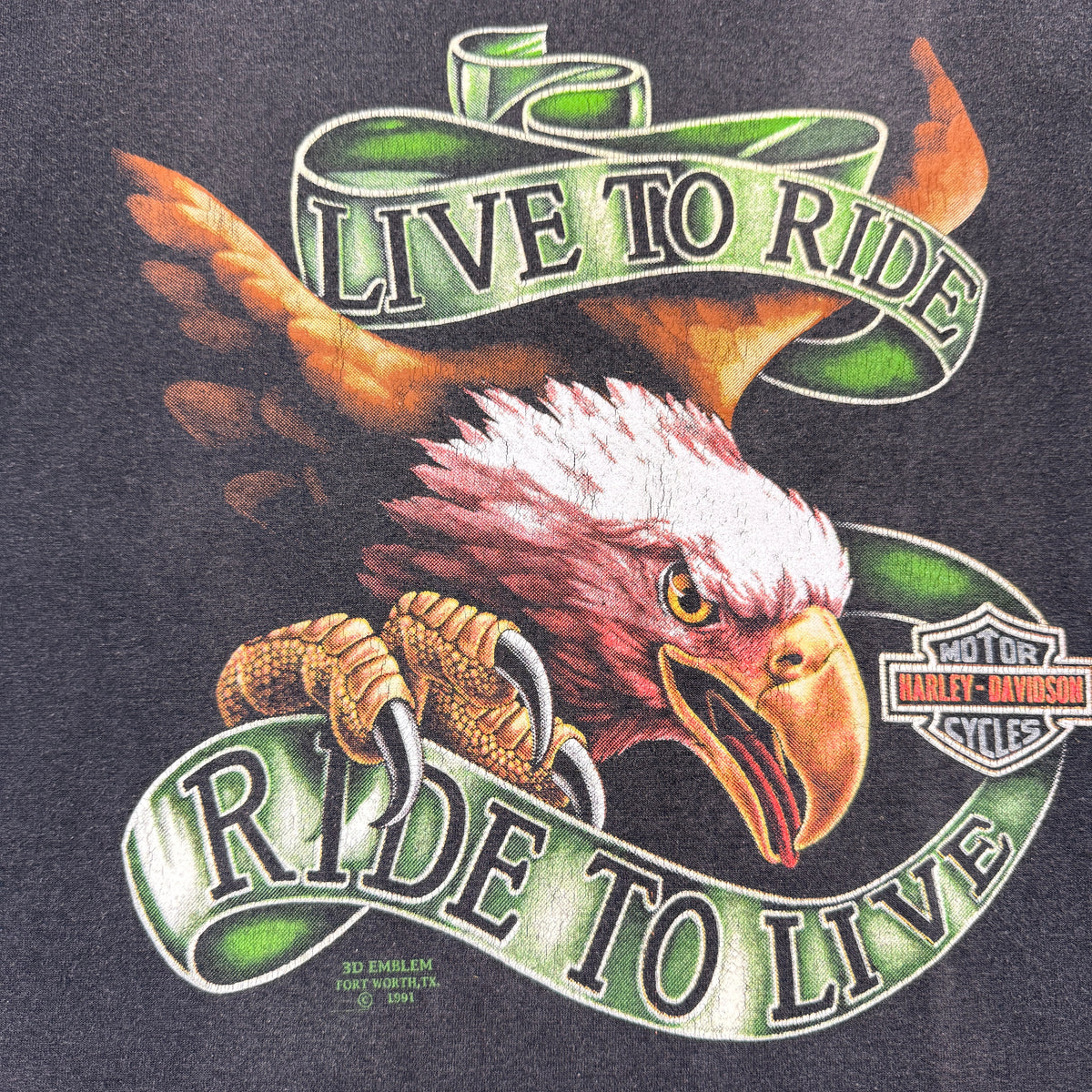 90's Harley-Davidson 3D Emblem LIVE TO RIDE / RIDE TO LIVE イーグル ブラック Tシャツ XL フロントプリント寄り（プリントのひび割れ）