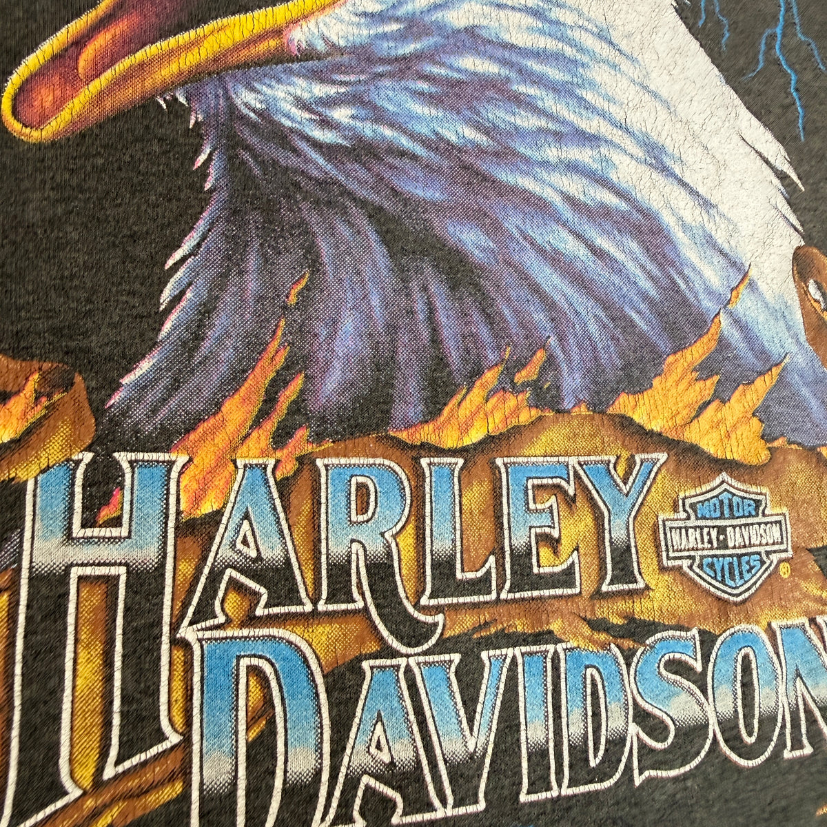 90's Harley-Davidson 3D Emblem 雷イーグル ダークグレー Tシャツ XL プリント超寄り イーグルの羽根とHARLEYの文字 プリントのひび割れ