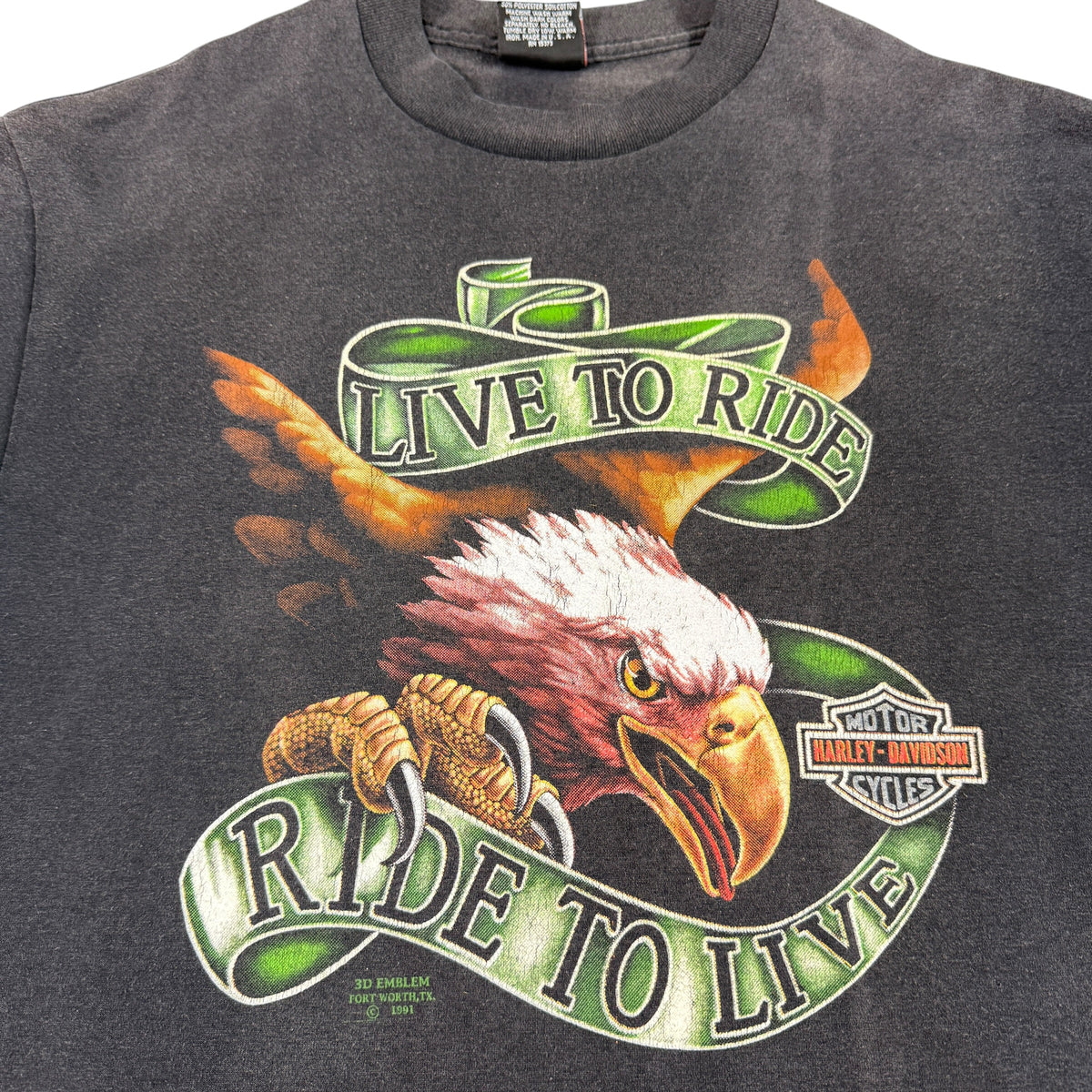 90's Harley-Davidson 3D Emblem LIVE TO RIDE / RIDE TO LIVE イーグル ブラック Tシャツ XL フロントプリント全体寄り