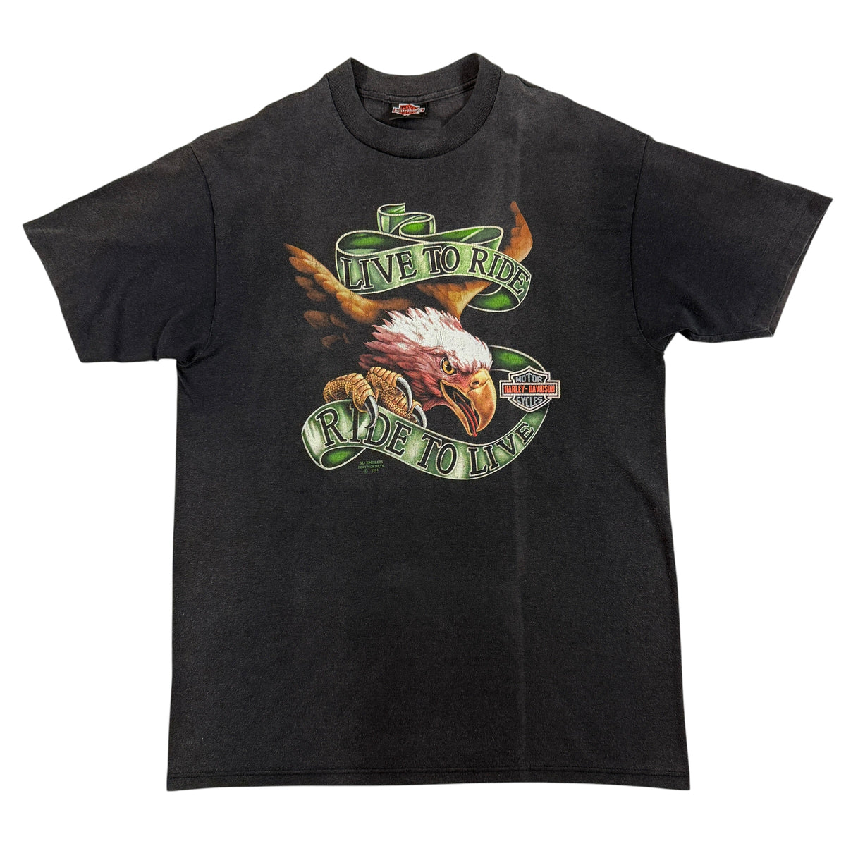 90's Harley-Davidson 3D Emblem LIVE TO RIDE / RIDE TO LIVE イーグル ブラック Tシャツ XL 正面全体（前身頃に縦線状の汚れ）