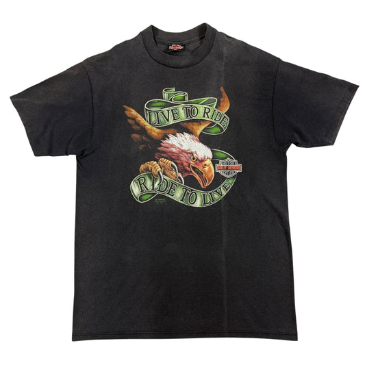90's Harley-Davidson 3D Emblem LIVE TO RIDE / RIDE TO LIVE イーグル ブラック Tシャツ XL 正面全体（前身頃に縦線状の汚れ）