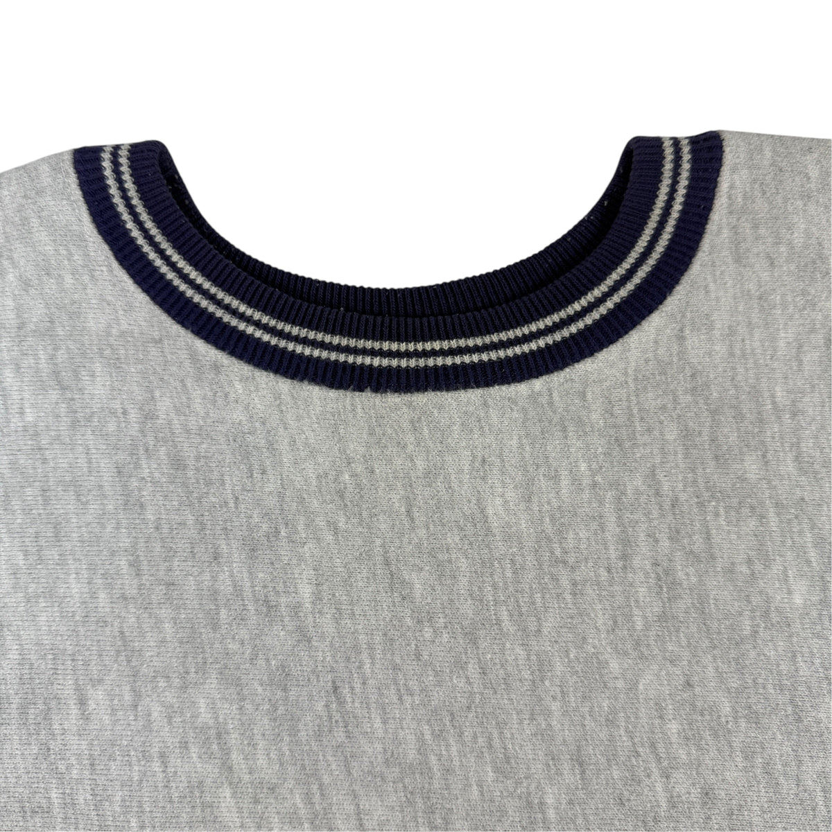 90's Champion リバースウィーブ スクリプトロゴ刺繍 ネイビー ラインリブ グレー スウェット XXL 首リブのライン