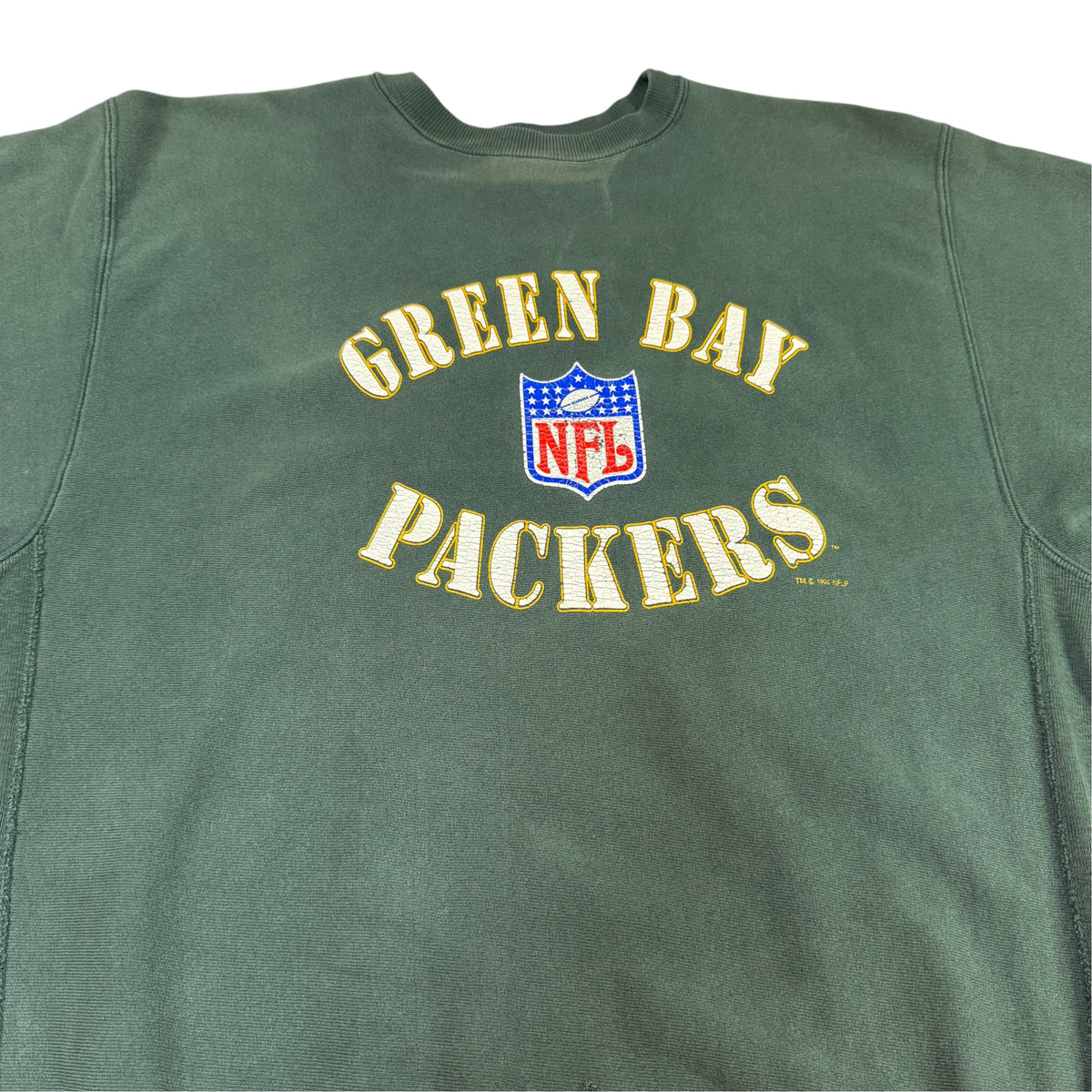 90's Champion リバースウィーブ NFL PRO LINE GREEN BAY PACKERS グリーン スウェット XXL 胸のプリント（上半身引き）