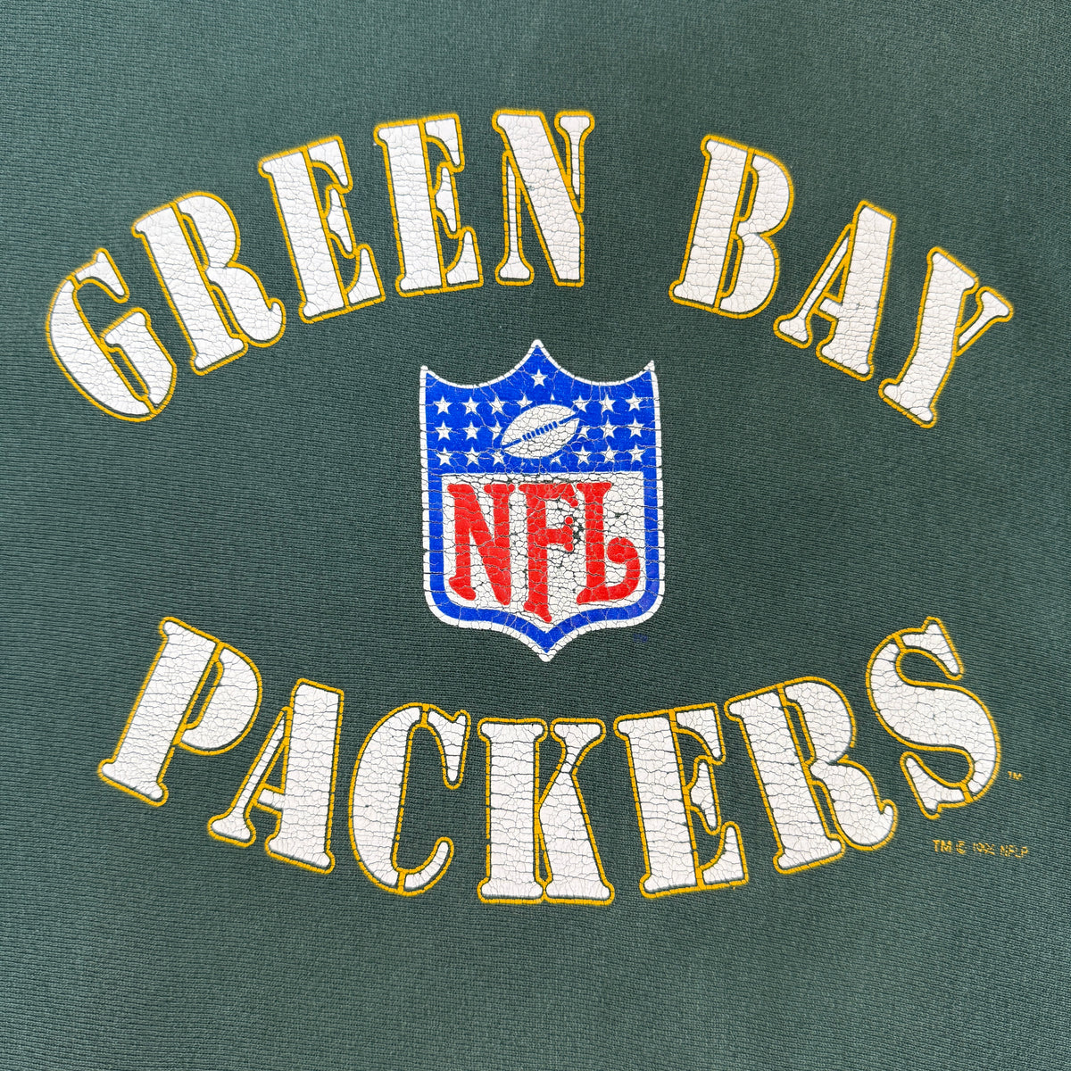 90's Champion リバースウィーブ NFL PRO LINE GREEN BAY PACKERS グリーン スウェット XXL 胸のプリント（寄り・ひび割れとTM・©・NFLP表記）