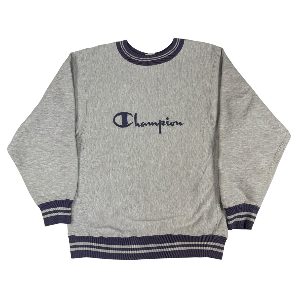 90's Champion リバースウィーブ スクリプトロゴ刺繍 ネイビー ラインリブ グレー スウェット M 正面全体