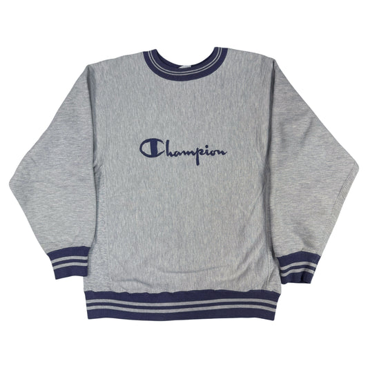 90's Champion リバースウィーブ スクリプトロゴ刺繍 ネイビー ラインリブ グレー スウェット M 正面全体