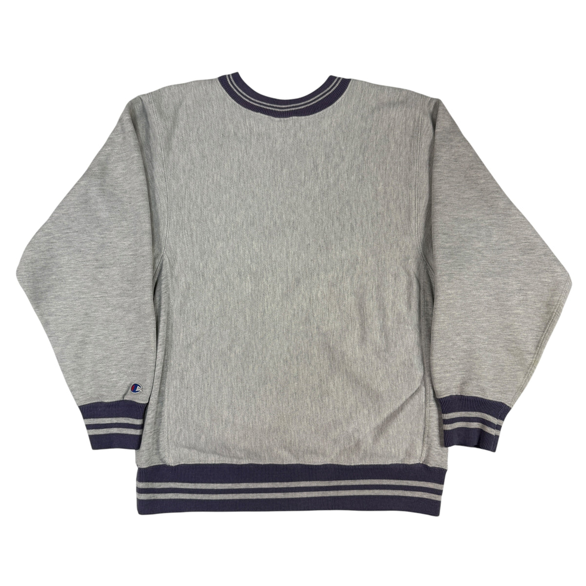 90's Champion リバースウィーブ スクリプトロゴ刺繍 ネイビー ラインリブ グレー スウェット M 背面全体