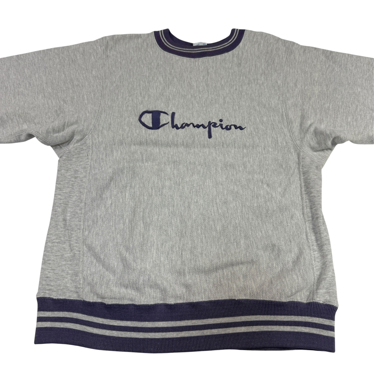 90's Champion リバースウィーブ スクリプトロゴ刺繍 ネイビー ラインリブ グレー スウェット M 正面 平置き