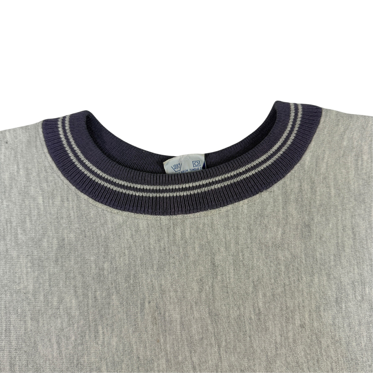 90's Champion リバースウィーブ スクリプトロゴ刺繍 ネイビー ラインリブ グレー スウェット M 首リブのライン