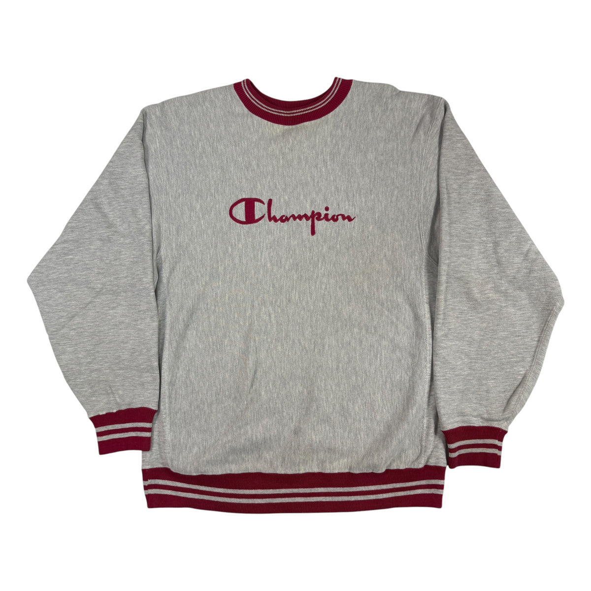 90's Champion リバースウィーブ スクリプトロゴ刺繍 エンジ ラインリブ グレー スウェット XL 正面全体