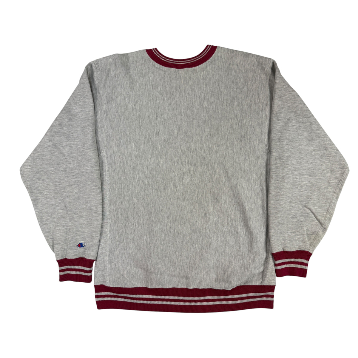 90's Champion リバースウィーブ スクリプトロゴ刺繍 エンジ ラインリブ グレー スウェット XL 背面全体