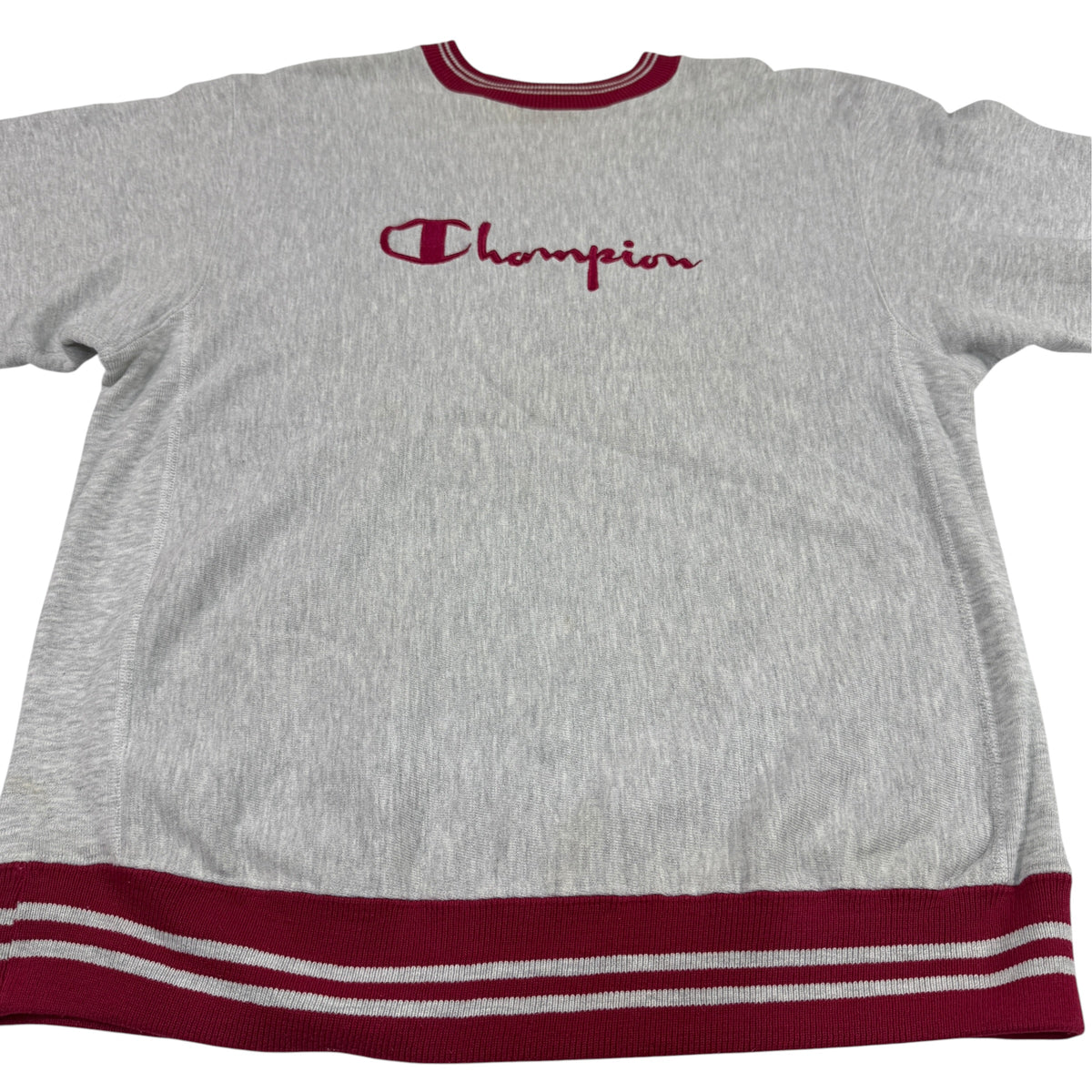 90's Champion リバースウィーブ スクリプトロゴ刺繍 エンジ ラインリブ グレー スウェット XL 正面 平置き