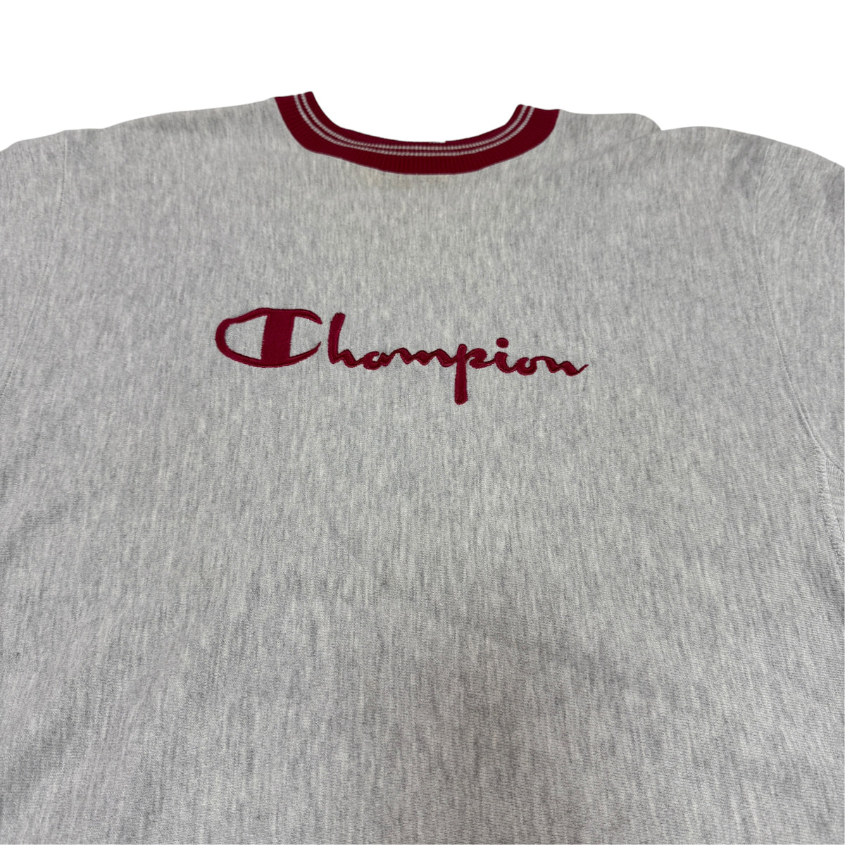 90's Champion リバースウィーブ スクリプトロゴ刺繍 エンジ ラインリブ グレー スウェット XL 胸のスクリプトロゴ刺繍（上半身引き）