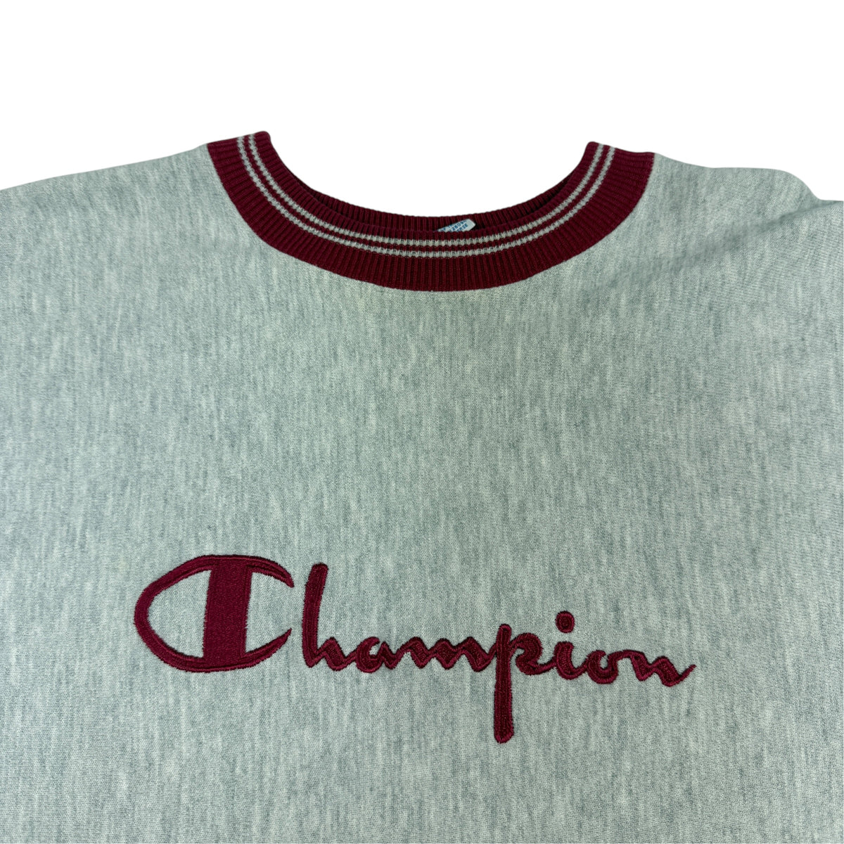 90's Champion リバースウィーブ スクリプトロゴ刺繍 エンジ ラインリブ グレー スウェット XL 胸のスクリプトロゴ刺繍