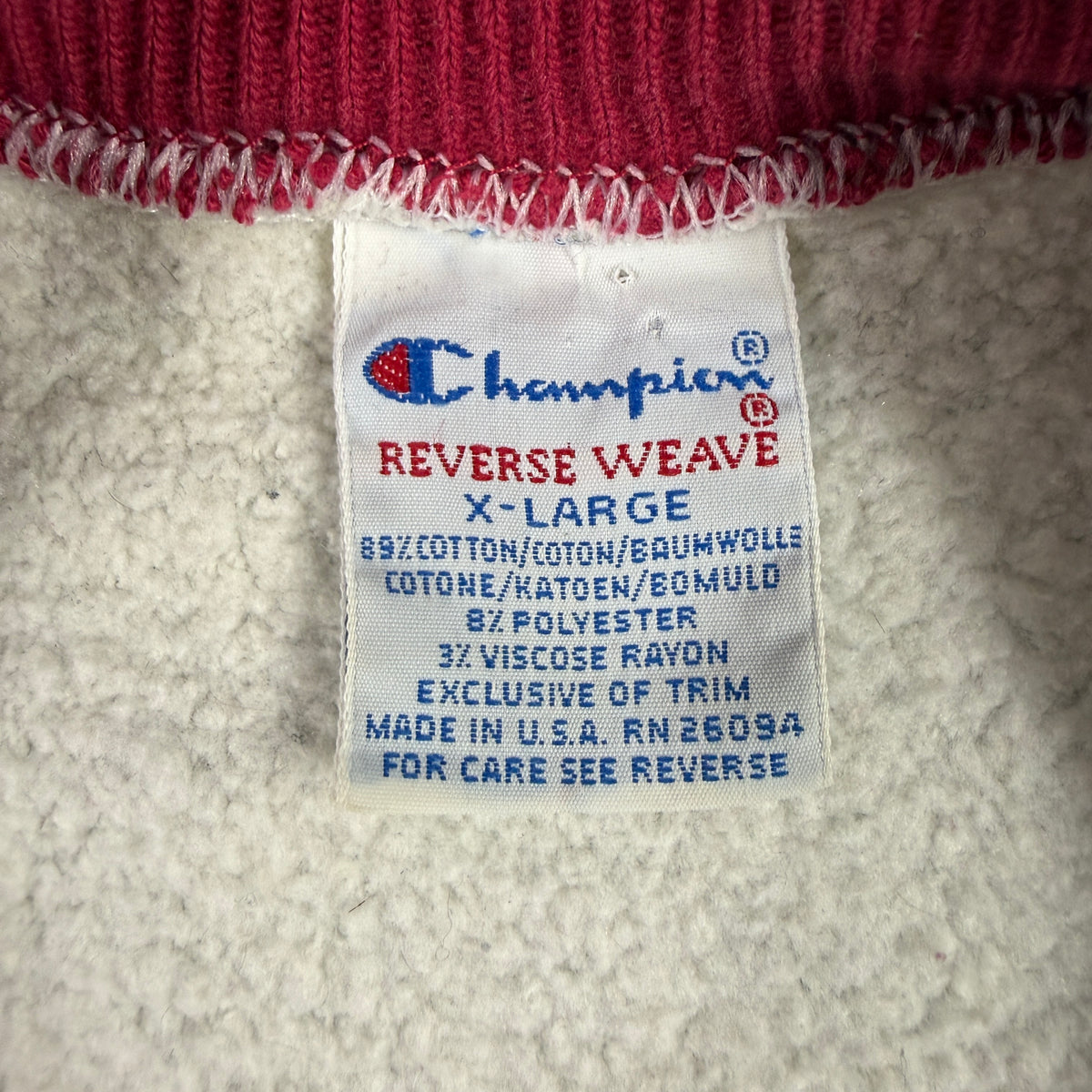90's Champion リバースウィーブ スクリプトロゴ刺繍 エンジ ラインリブ グレー スウェット XL 首元の刺繍タグ（X-LARGE / MADE IN U.S.A. / RN 26094）