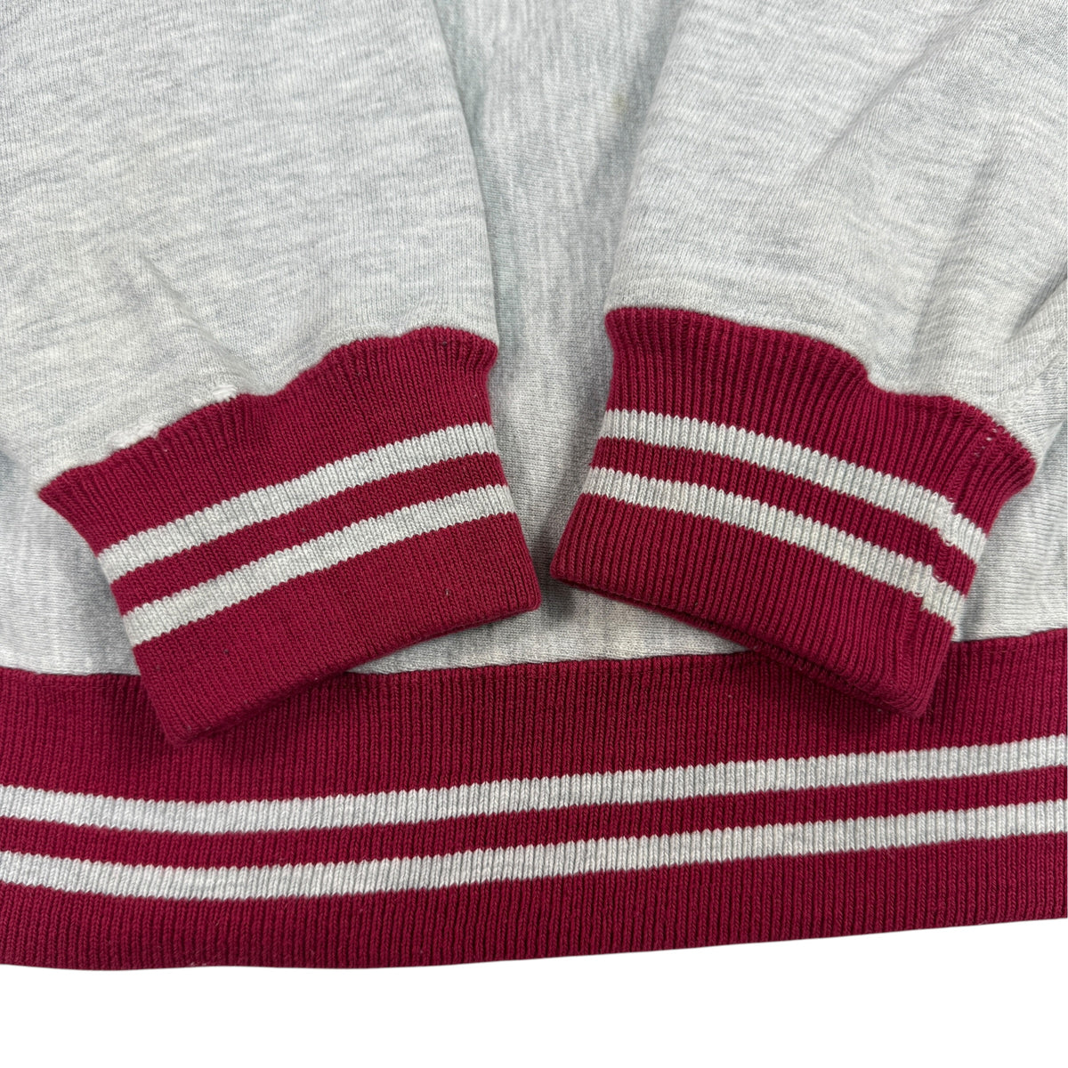 90's Champion リバースウィーブ スクリプトロゴ刺繍 エンジ ラインリブ グレー スウェット XL 袖口と裾のラインリブ