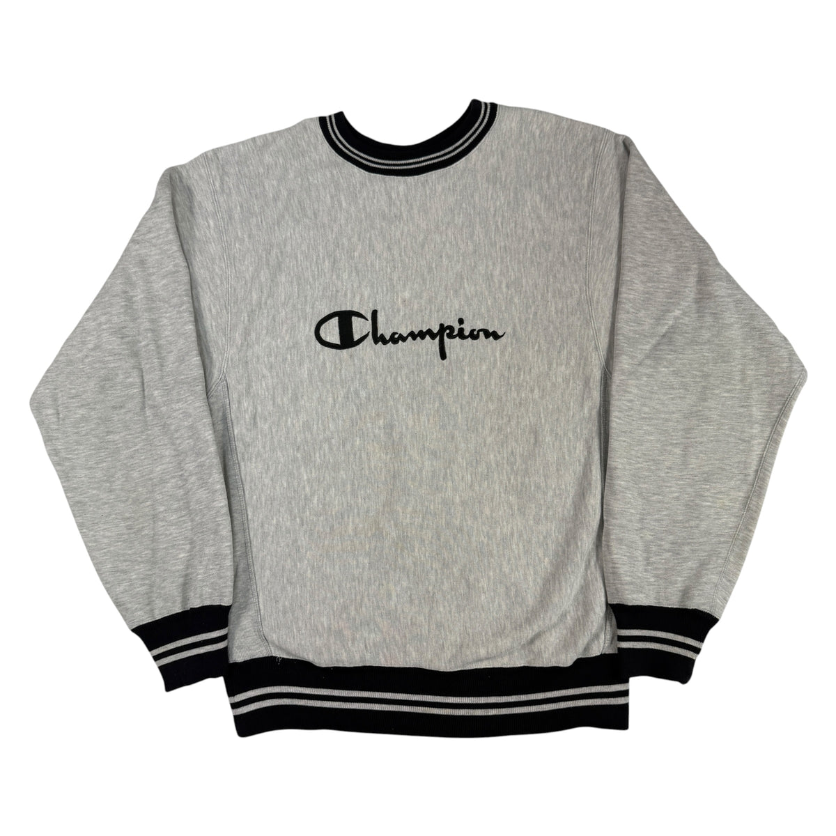 90's Champion リバースウィーブ スクリプトロゴ刺繍 ブラック ラインリブ グレー スウェット L 正面全体