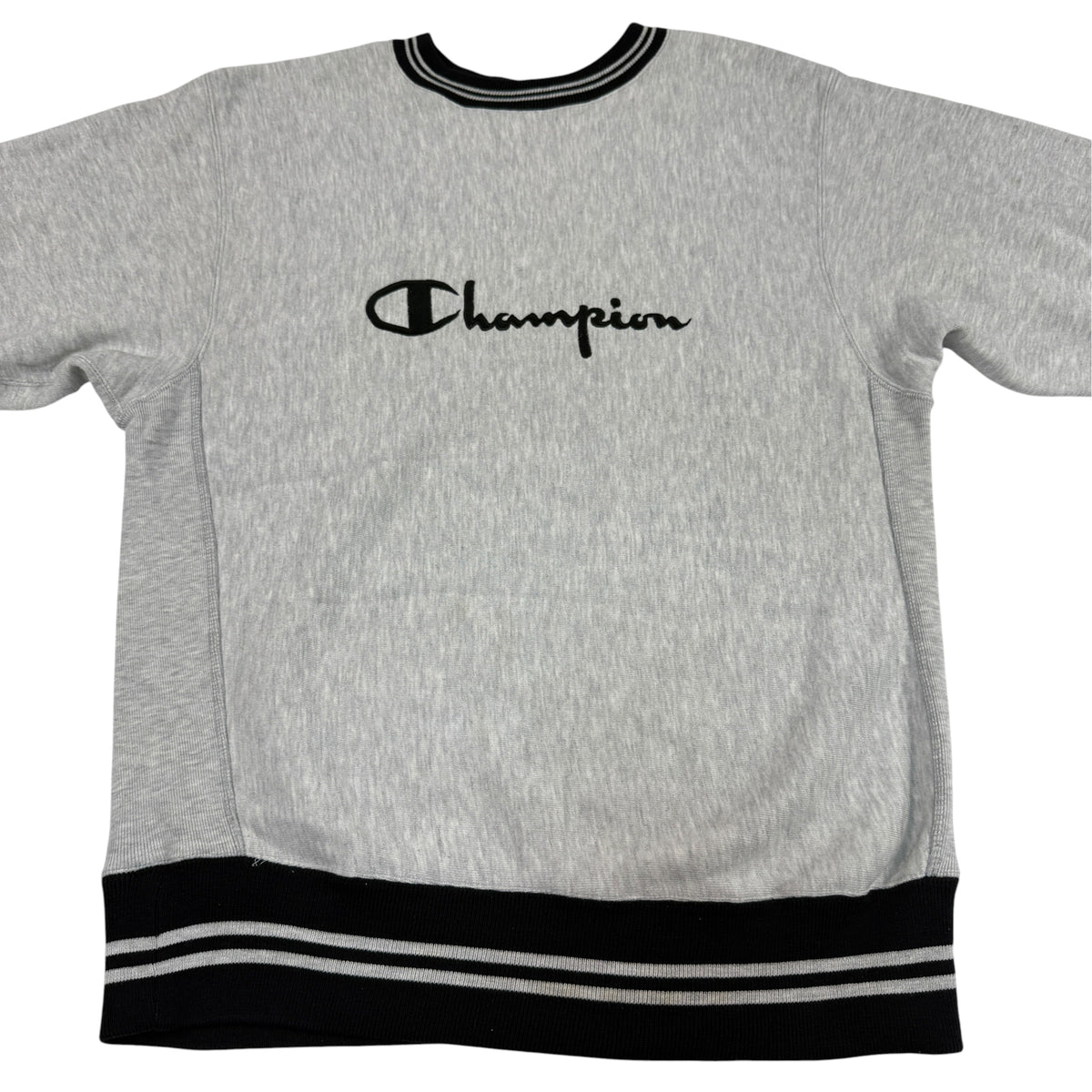 90's Champion リバースウィーブ スクリプトロゴ刺繍 ブラック ラインリブ グレー スウェット L 正面 平置き