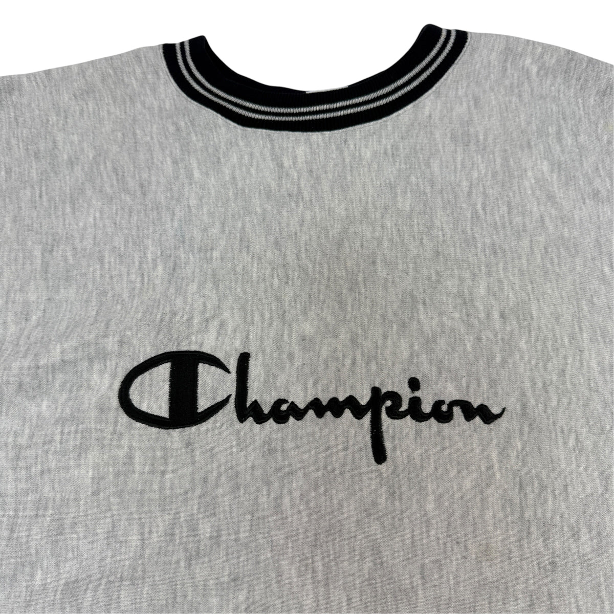 90's Champion リバースウィーブ スクリプトロゴ刺繍 ブラック ラインリブ グレー スウェット L 胸のスクリプトロゴ刺繍（上半身引き）