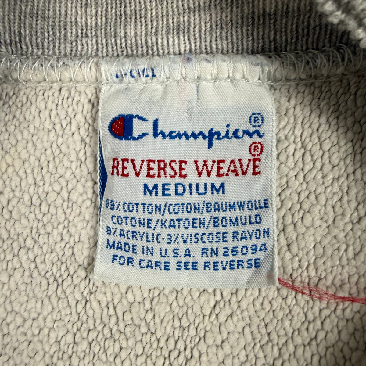Champion REVERSE WEAVE 刺繍タグ MEDIUM MADE IN U.S.A. RN 26094 コットン89% アクリル8% ビスコースレーヨン3%