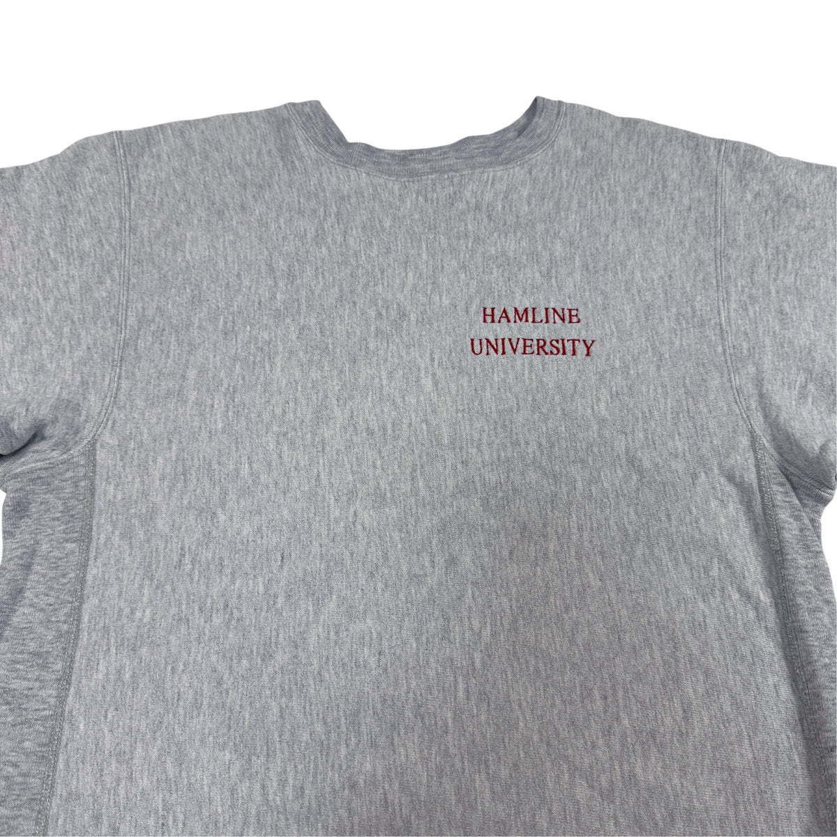 90's Champion リバースウィーブ HAMLINE UNIVERSITY 刺繍 グレー スウェット L 左胸の文字刺繍（上半身引き）