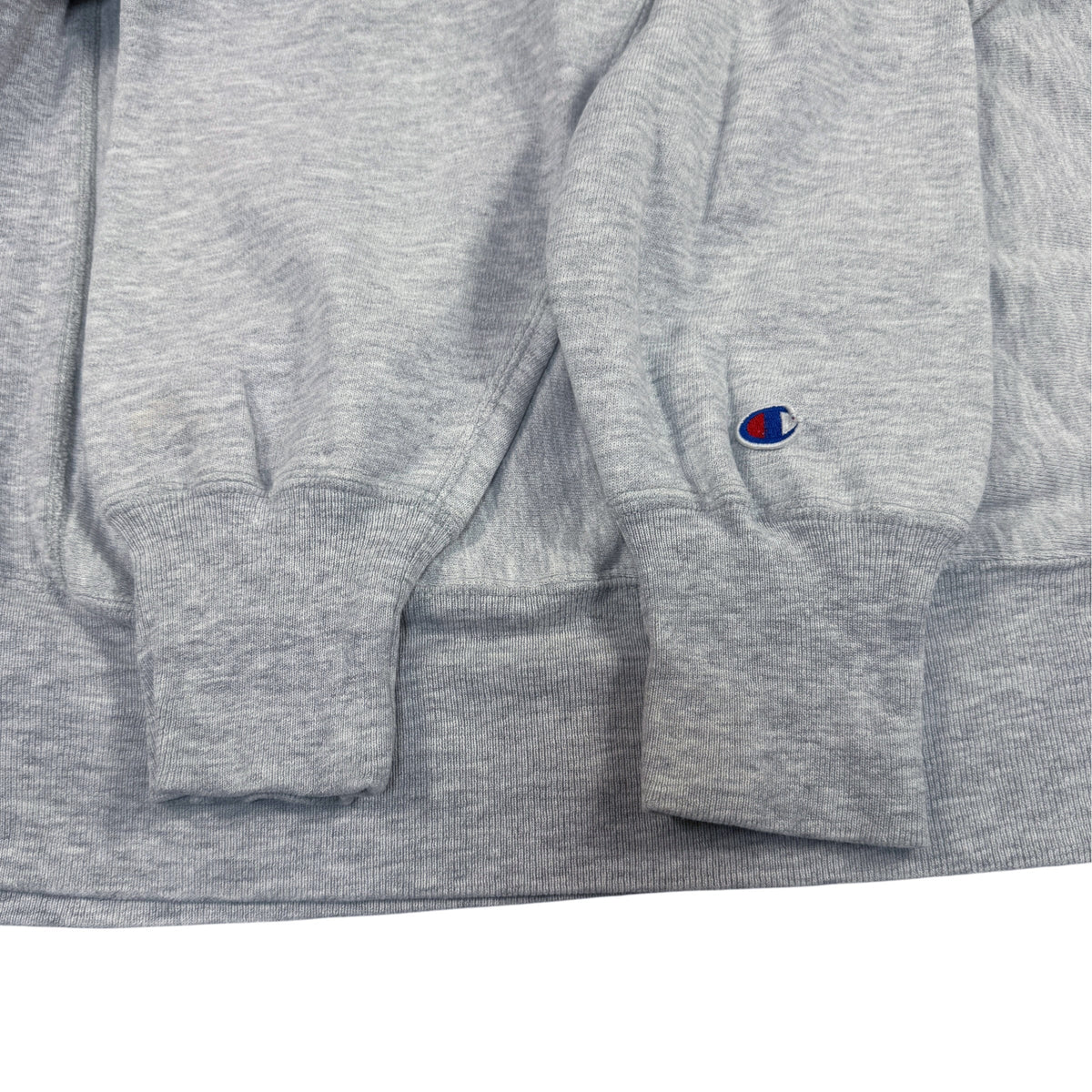 90's Champion リバースウィーブ HAMLINE UNIVERSITY 刺繍 グレー スウェット L 左袖のCロゴ刺繍と袖口リブ