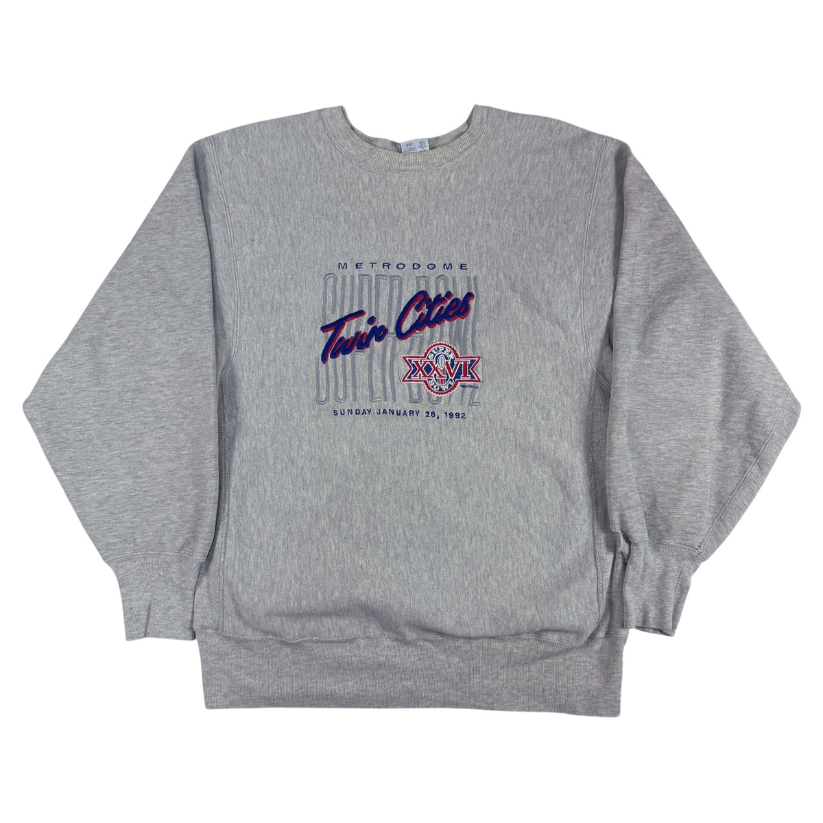 90's Champion リバースウィーブ SUPER BOWL XXVI Twin Cities 刺繍 グレー スウェット XL 正面全体