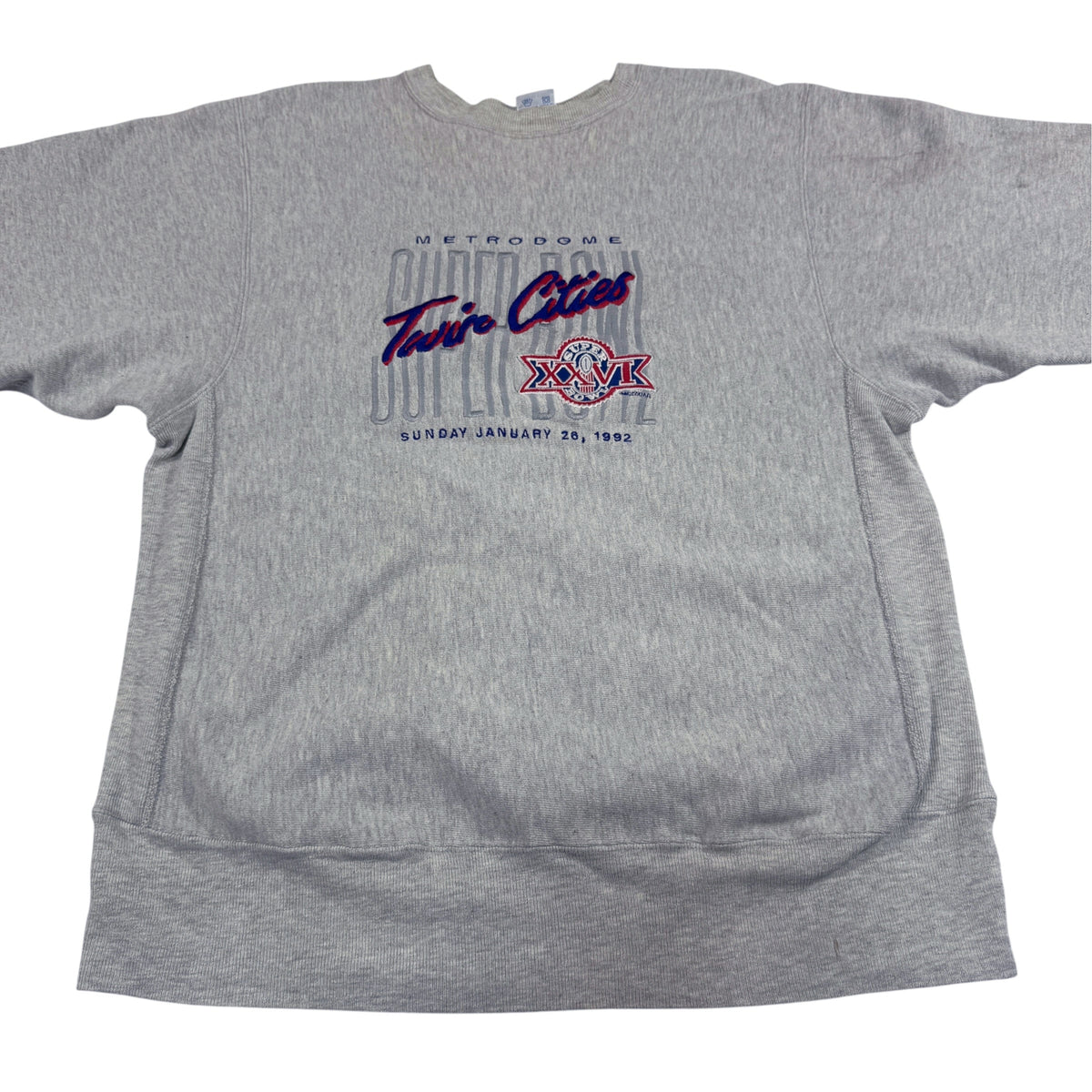 90's Champion リバースウィーブ SUPER BOWL XXVI Twin Cities 刺繍 グレー スウェット XL 正面 平置き