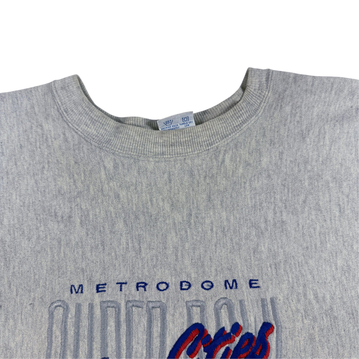 90's Champion リバースウィーブ SUPER BOWL XXVI Twin Cities 刺繍 グレー スウェット XL 首元と刺繍上部