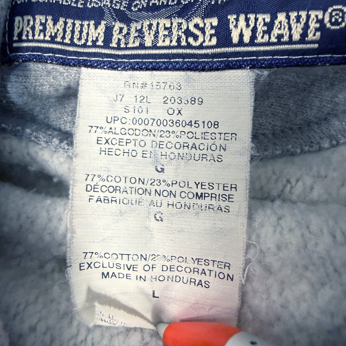 洗濯表示タグ RN 15763 コットン77% ポリエステル23% MADE IN HONDURAS L