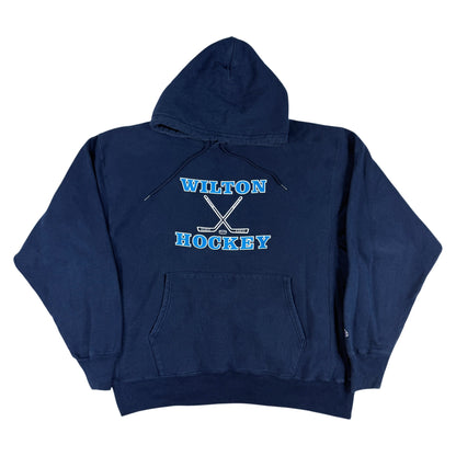 00年代 チャンピオン プレミアムリバースウィーブ WILTON HOCKEY ネイビー パーカー XL 正面