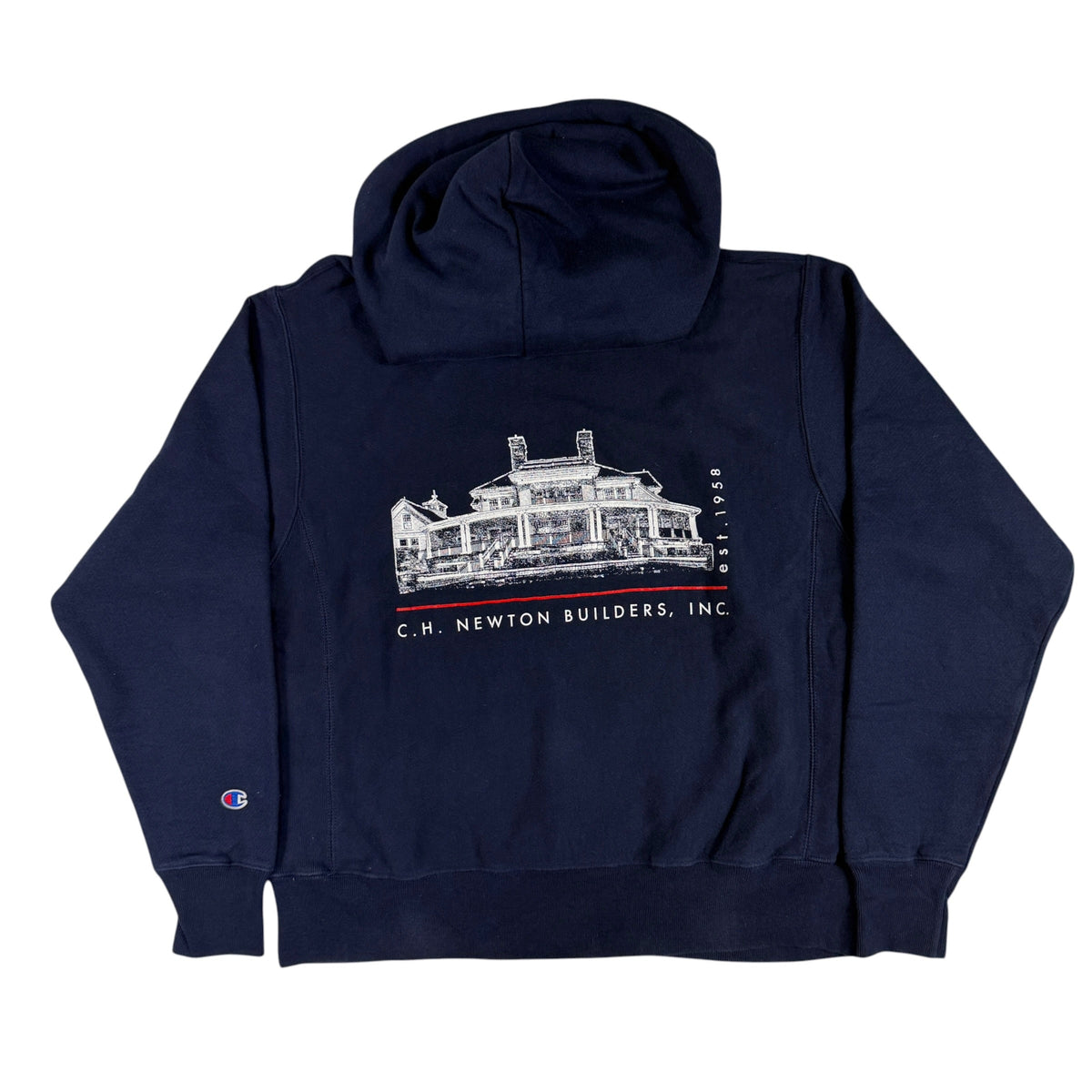 Champion リバースウィーブ 現行 C.H. NEWTON BUILDERS ネイビー パーカー M 背面 邸宅のプリント
