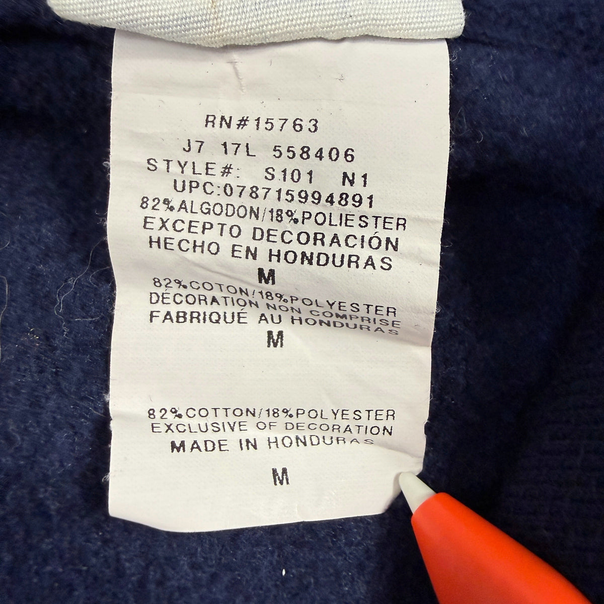洗濯タグ RN#15763 コットン82% ポリエステル18% MADE IN HONDURAS