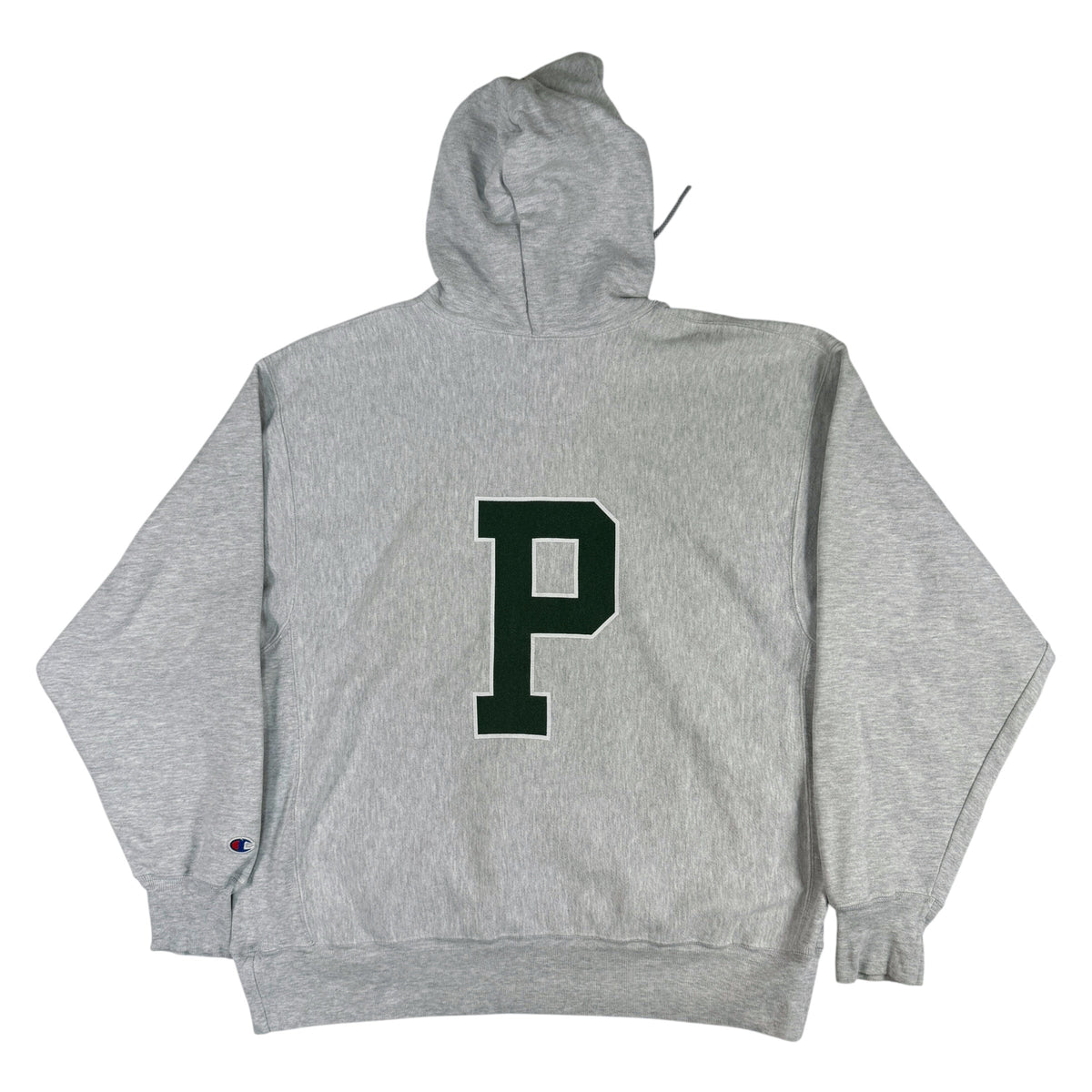 00's Champion プレミアムリバースウィーブ POST UNIVERSITY グレー パーカー XL 背面 大きなPのプリント