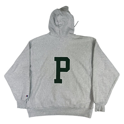 00's Champion プレミアムリバースウィーブ POST UNIVERSITY グレー パーカー XL 背面 大きなPのプリント