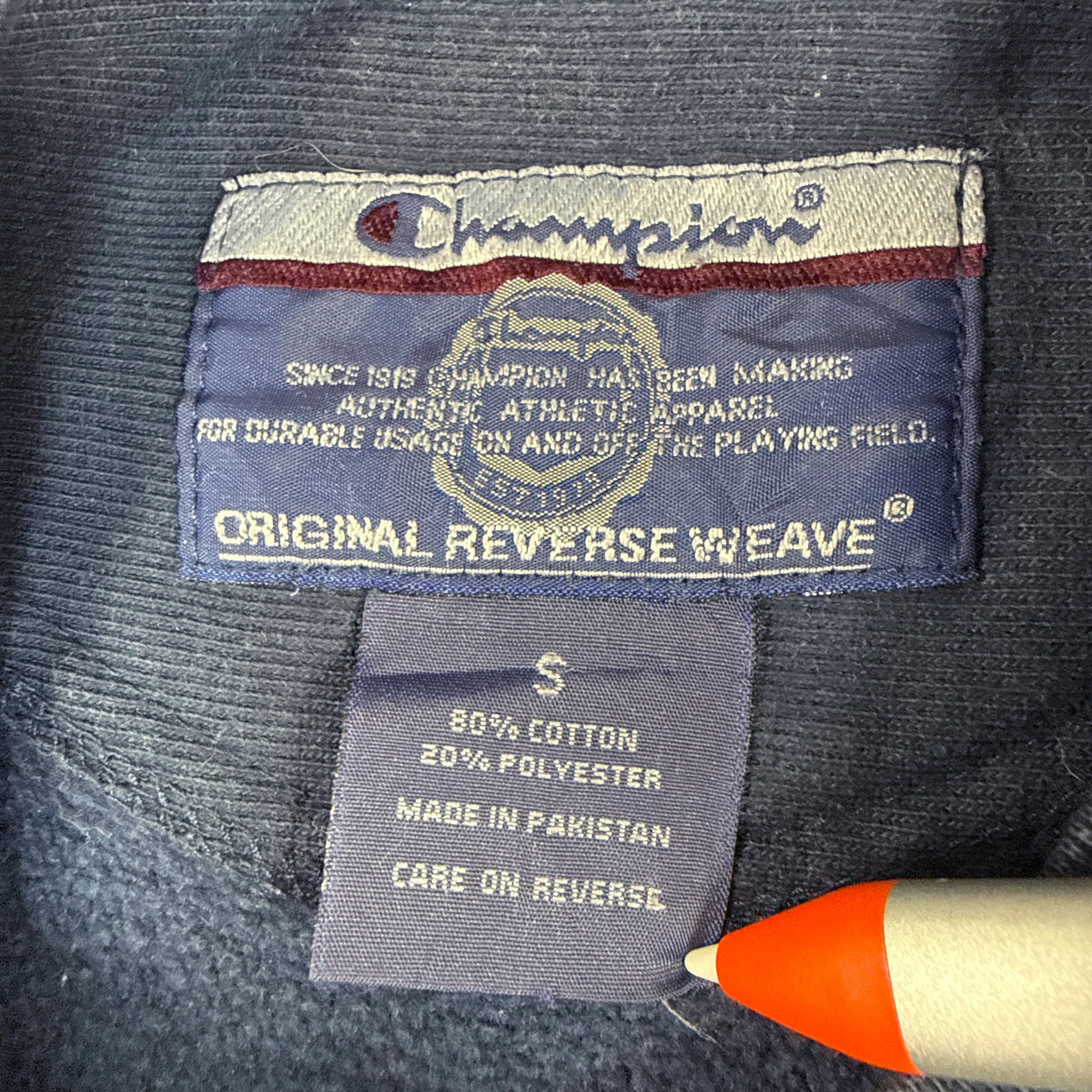 首元 Champion ORIGINAL REVERSE WEAVE タグ S コットン80% ポリエステル20% MADE IN PAKISTAN
