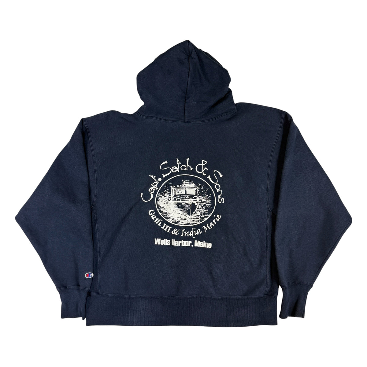 チャンピオン リバースウィーブ Capt. Satch & Sons ネイビー パーカー 背面 釣り船の大きなプリント