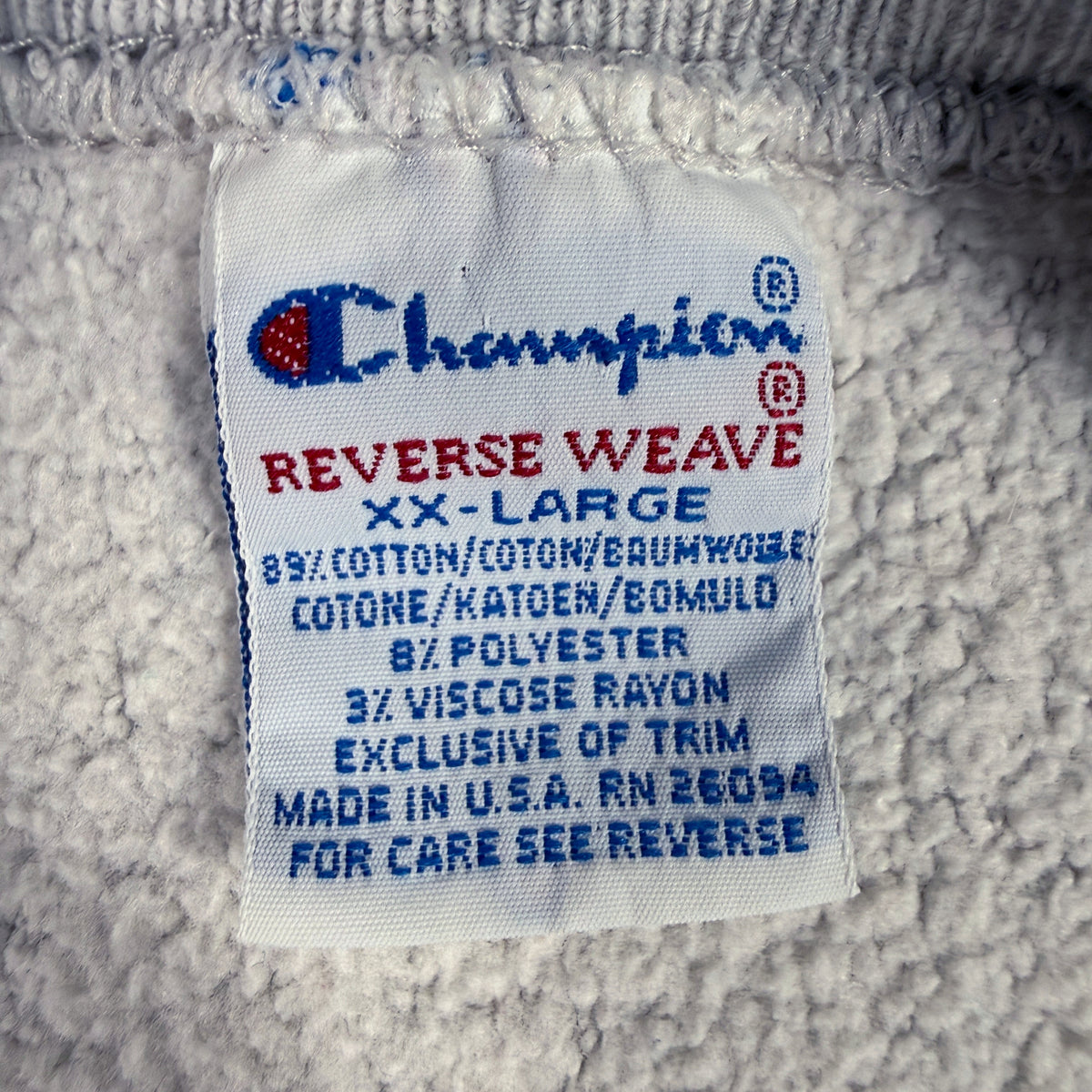 Champion REVERSE WEAVE 刺繍タグ XX-LARGE コットン89% ポリエステル8% レーヨン3% MADE IN U.S.A. RN 26094