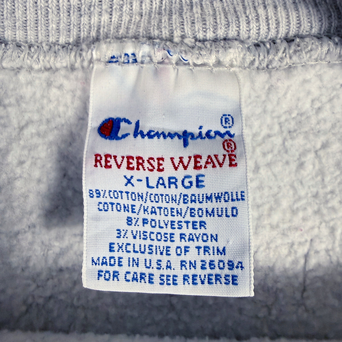 Champion REVERSE WEAVE 刺繍タグ X-LARGE コットン89% ポリエステル8% レーヨン3% MADE IN U.S.A. RN 26094