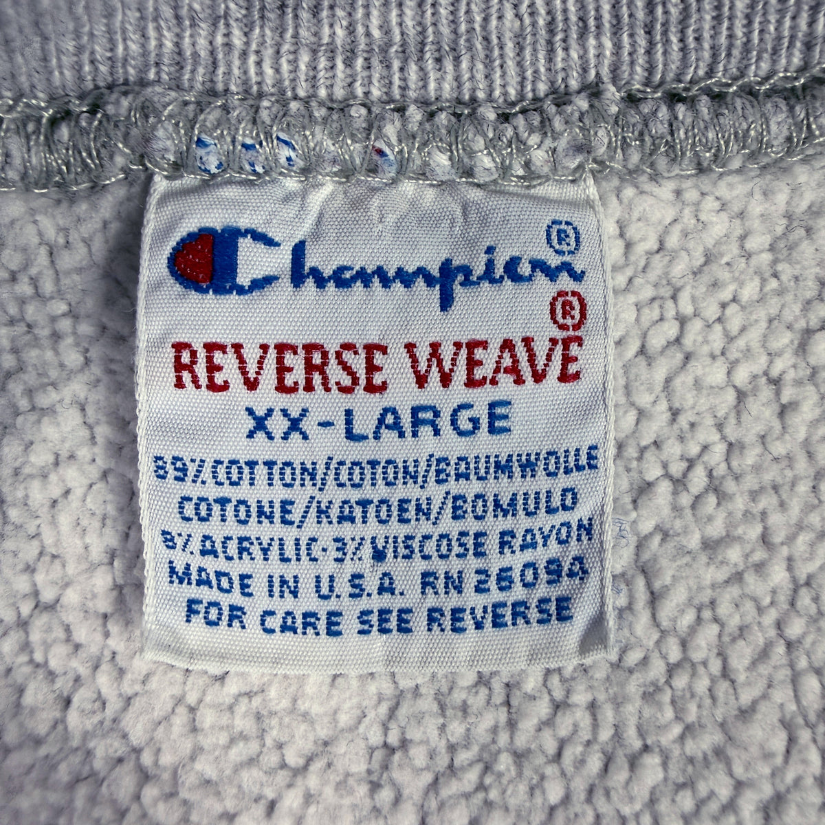 Champion REVERSE WEAVE 刺繍タグ XX-LARGE コットン89% アクリル8% レーヨン3% MADE IN U.S.A. RN 26094