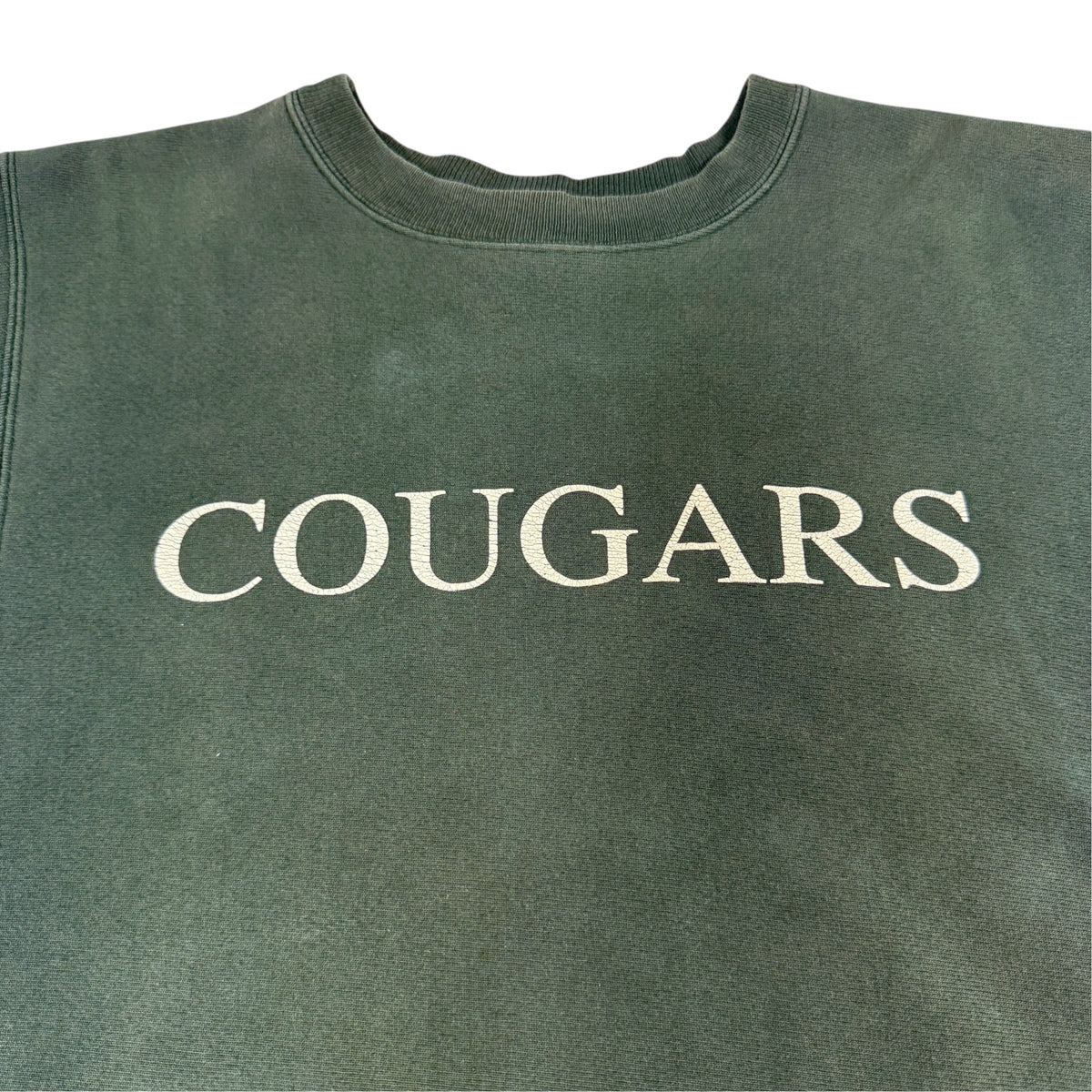 90's Champion リバースウィーブ COUGARS MKA グリーン スウェット L 胸の COUGARS プリント 上半身