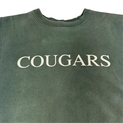 90's Champion リバースウィーブ COUGARS MKA グリーン スウェット L 胸の COUGARS プリント 上半身