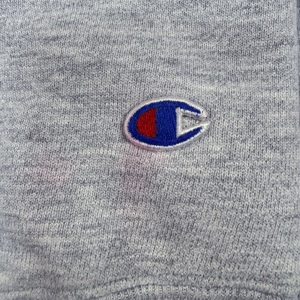 80's Champion ダブルフェイス リバースウィーブ SYRACUSE グレー スウェット XL 左袖Cロゴ近くの赤っぽいシミ