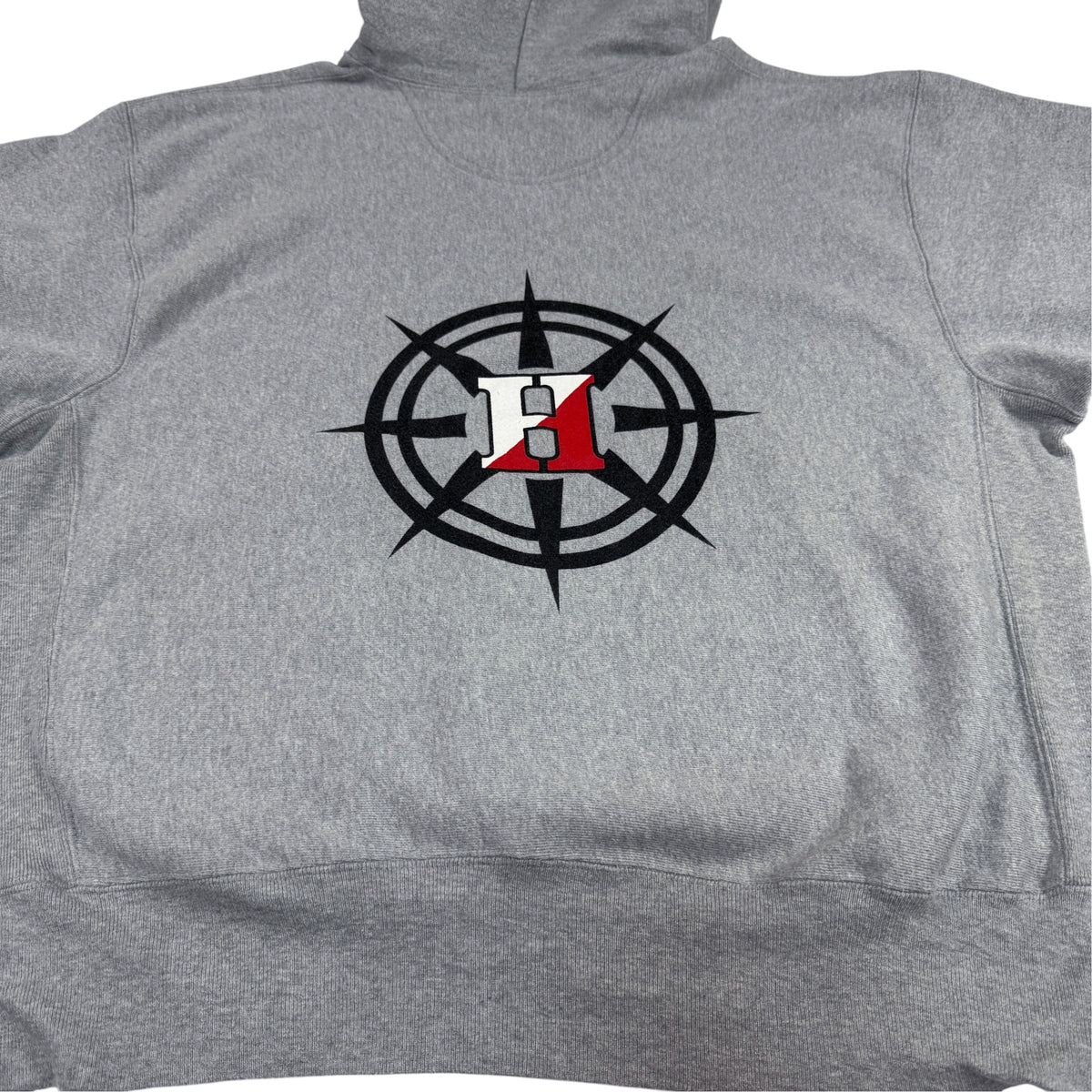 00's Champion プレミアムリバースウィーブ Hingham ADVENTURE CLUB グレー パーカー L 背中のコンパス H ロゴ プリント 引き