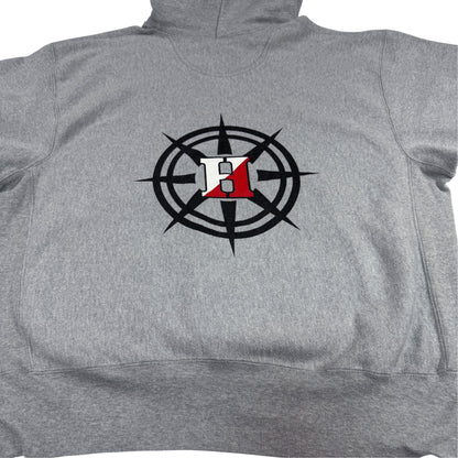 00's Champion プレミアムリバースウィーブ Hingham ADVENTURE CLUB グレー パーカー L 背中のコンパス H ロゴ プリント 引き