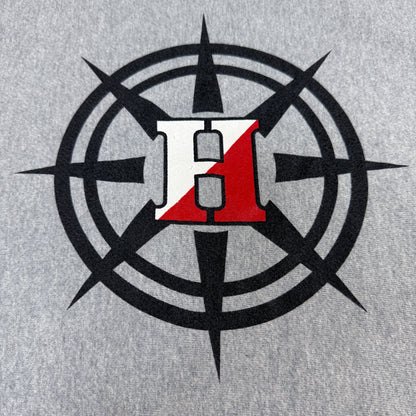 00's Champion プレミアムリバースウィーブ Hingham ADVENTURE CLUB グレー パーカー L 背中のコンパス H ロゴ プリント 寄り